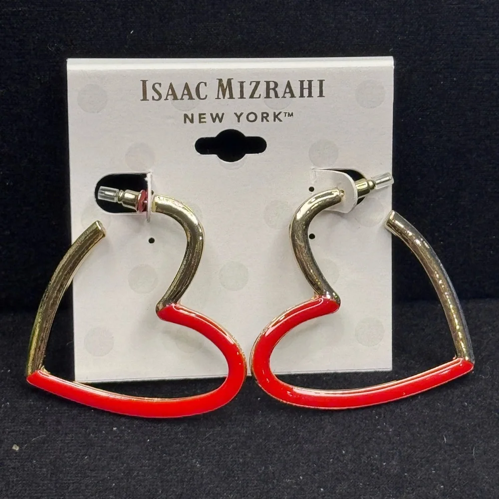 Isaac Mizrahi Red and Gold Tone Heart Hoop Earrings 1.75 in approx - Picture 2 of 4